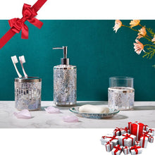 Cargar imagen en el visor de la galería, HILHORA Set of 4 Mosaic Glass Organizer - Includes Soap Dish & Tumbler Cup & Toothbrush Holder & Soap/Lotion Dispenser (Pink)