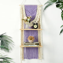 Cargar imagen en el visor de la galería, JIRTEMOT Macramé Wall Hanging Shelf 2 Tier Boho Floating Shelves with LED Light, Purple
