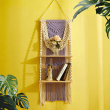 Cargar imagen en el visor de la galería, JIRTEMOT Macramé Wall Hanging Shelf 2 Tier Boho Floating Shelves with LED Light, Purple