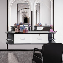 将图片加载到图库查看器,JIRTEMOT Modern Wood Wall-Mounted Salon Station Barber Cabinet with 2 Drawer, 5 Dryer Holders, Black+White