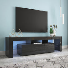 Cargar imagen en el visor de la galería, JIRTEMOT Modern Wood TV Cabinet with Color Change Lighting, Clear Glass Shelving Up to 70 Inch TVs, Black