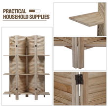Cargar imagen en el visor de la galería, JIRTEMOT 5.6FT Folding Wood Divider, 4 Panel with 3 Display Shelves, Light Brown