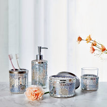 Cargar imagen en el visor de la galería, HILHORA Set of 4 Mosaic Glass Organizer - Includes Soap Dish & Tumbler Cup & Toothbrush Holder & Soap/Lotion Dispenser (Pink)