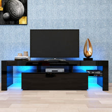 将图片加载到图库查看器，JIRTEMOT Modern Wood TV Cabinet with Color Change Lighting, Clear Glass Shelving Up to 70 Inch TVs, Black
