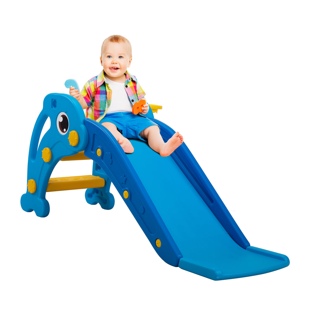 JIRTEMOT Plastic Freestanding Toddler Slide Climbing Sliding Toy W/Ball & Rim, Dark Blue