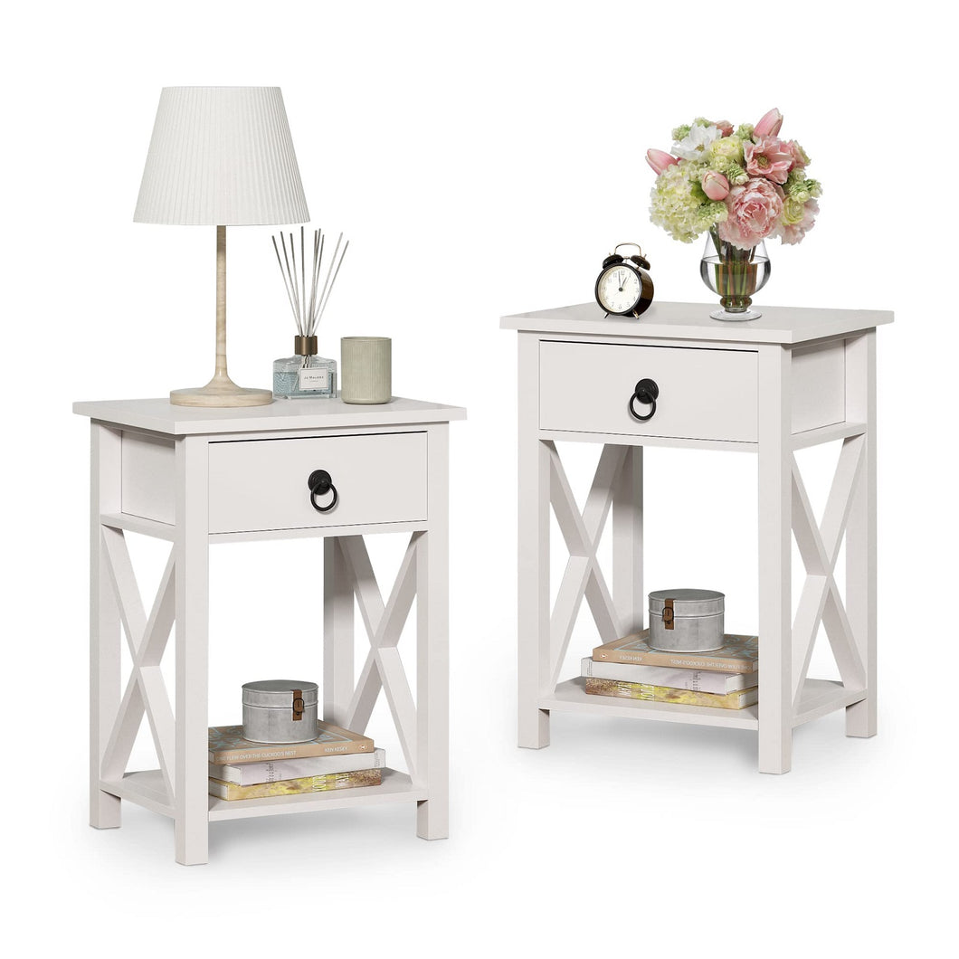 JIRTEMOT Set of 2 x-Shaped Wood End Table with 1 Drawer, 2-Tier Storage Shelf, Painted in White