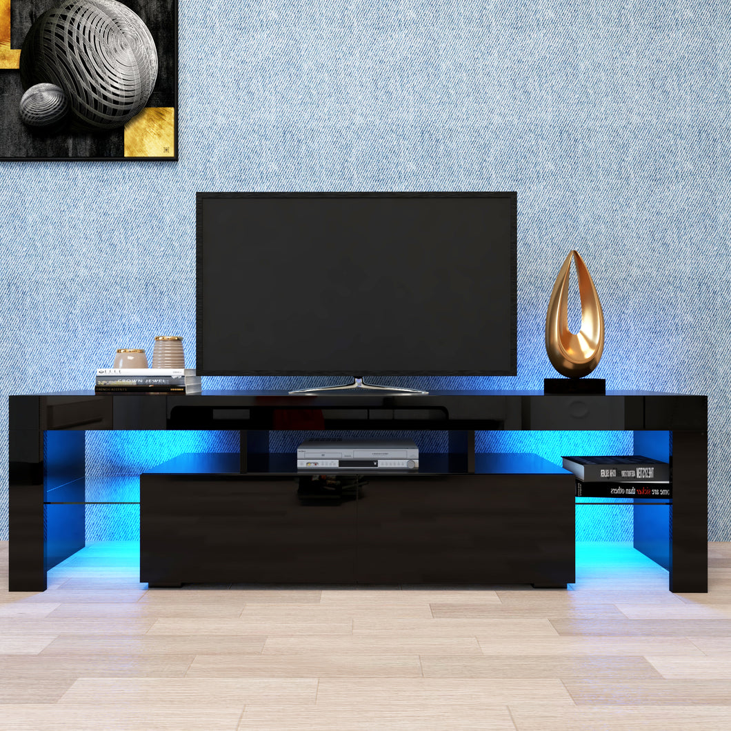 JIRTEMOT Modern Wood TV Cabinet with Color Change Lighting, Clear Glass Shelving Up to 70 Inch TVs, Black