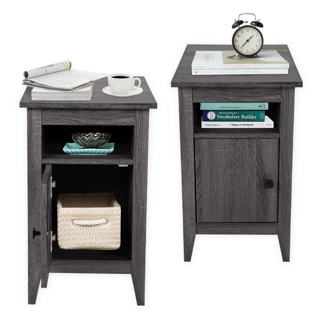 JIRTEMOT Wood Narrow Nightstand Set of 2, 3-Tier with Switchable Door, Finished in Gray