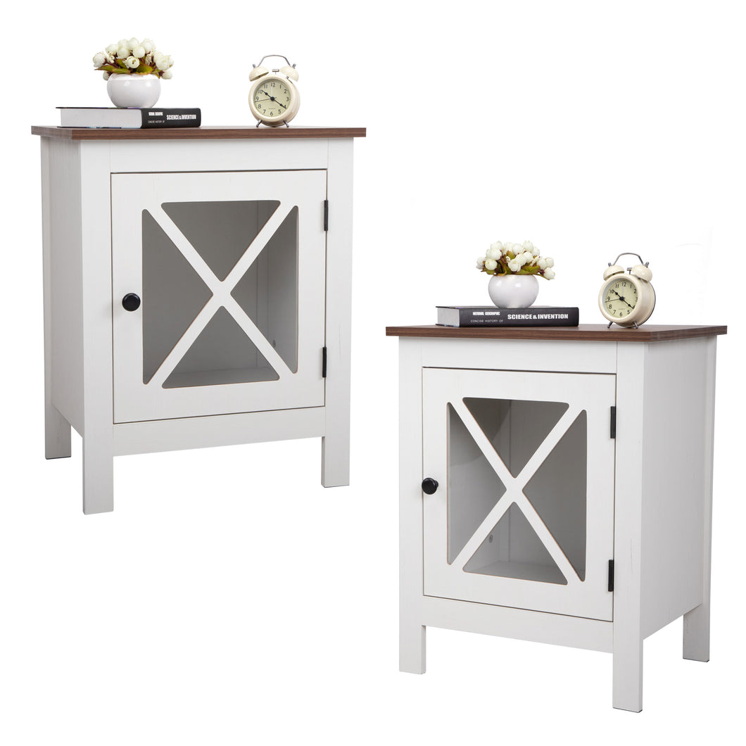 JIRTEMOT Set of 2 Wooden Nightstand with X-Design Glass Door, White