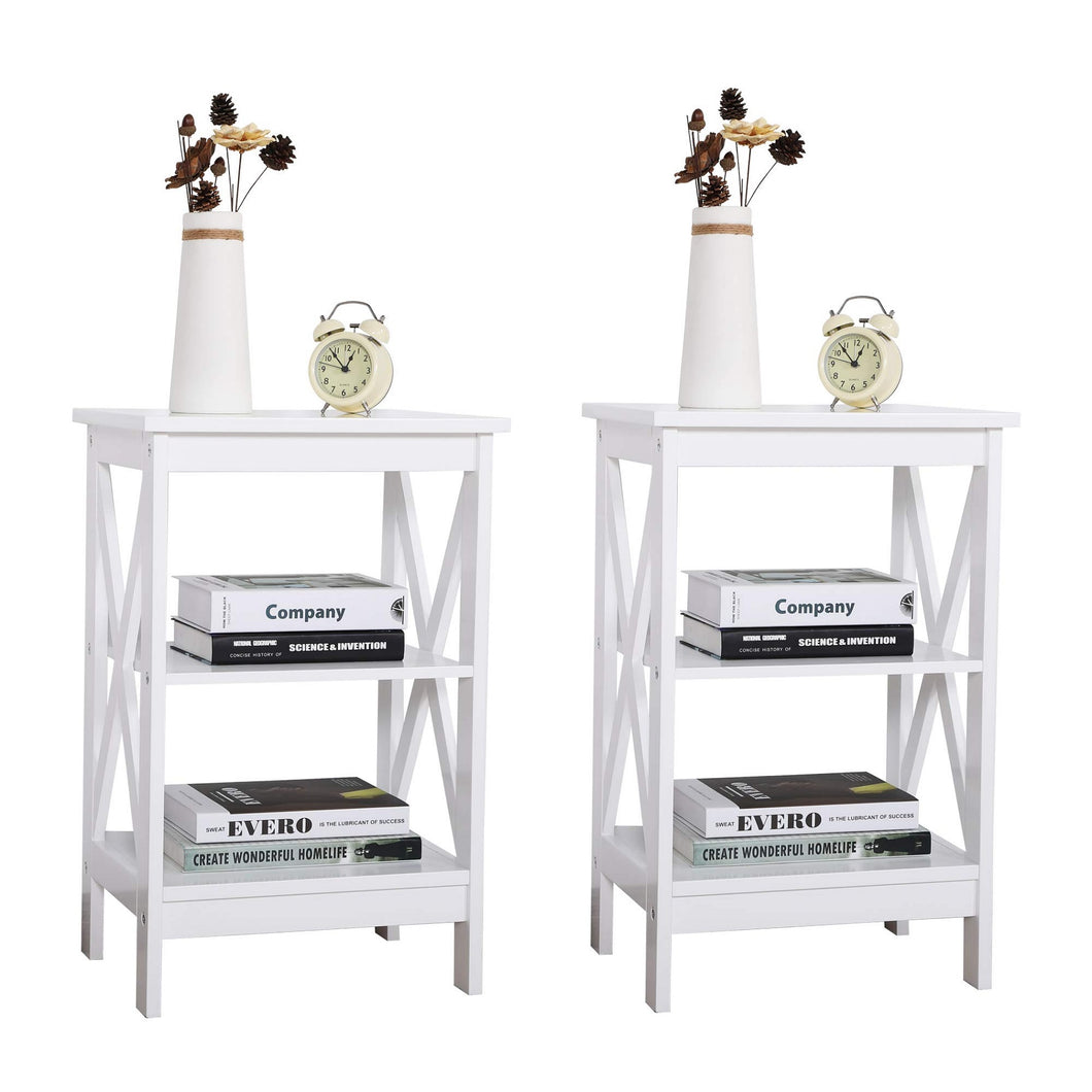 JIRTEMOT Set of 2 Wood Modern End Table 3-Tier Nightstand Side Table with Storage Shelf, White