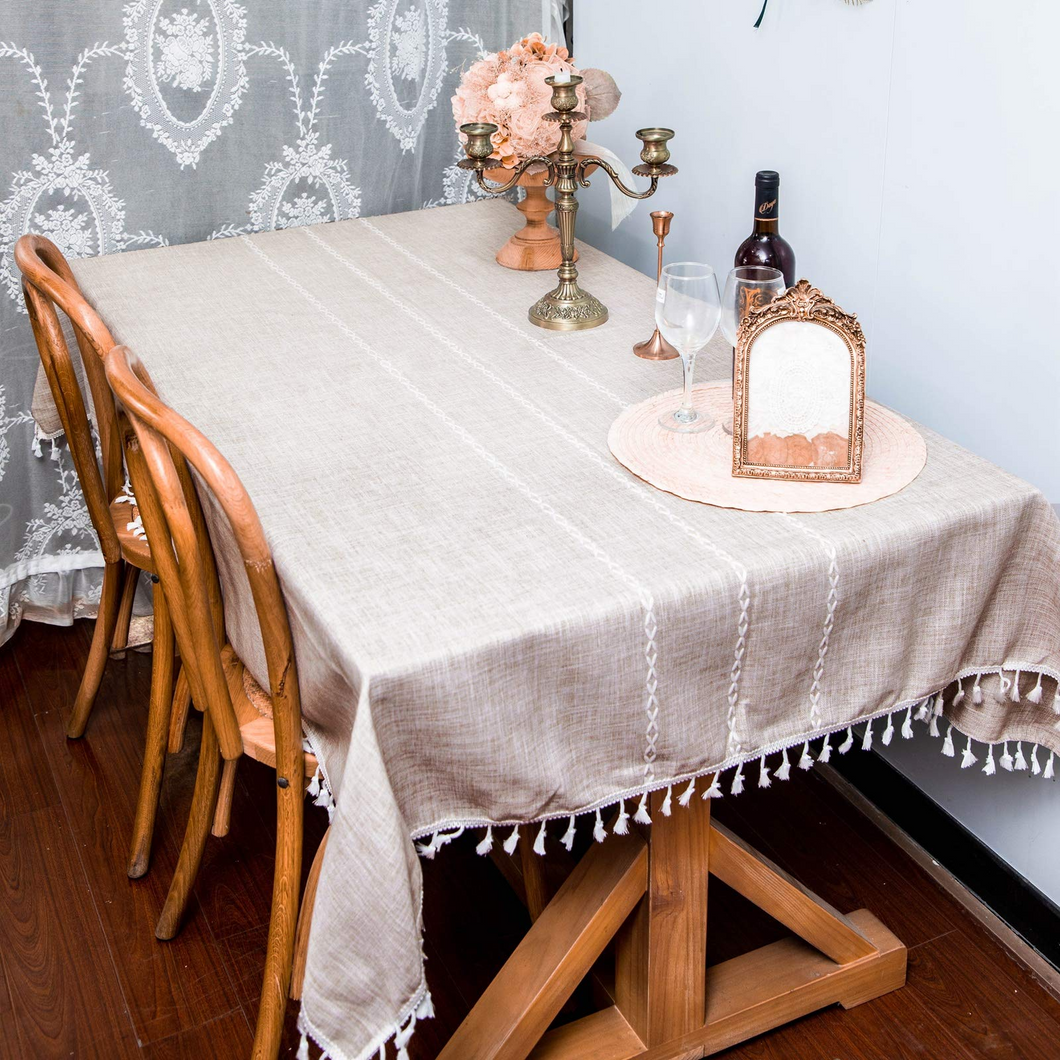 HILHORA Stripe Tassel Anti-Fading Tablecloth for Kitchen Dining Room Party Home Farmhouse(Light Coffee, Rectangle/Oblong, 55