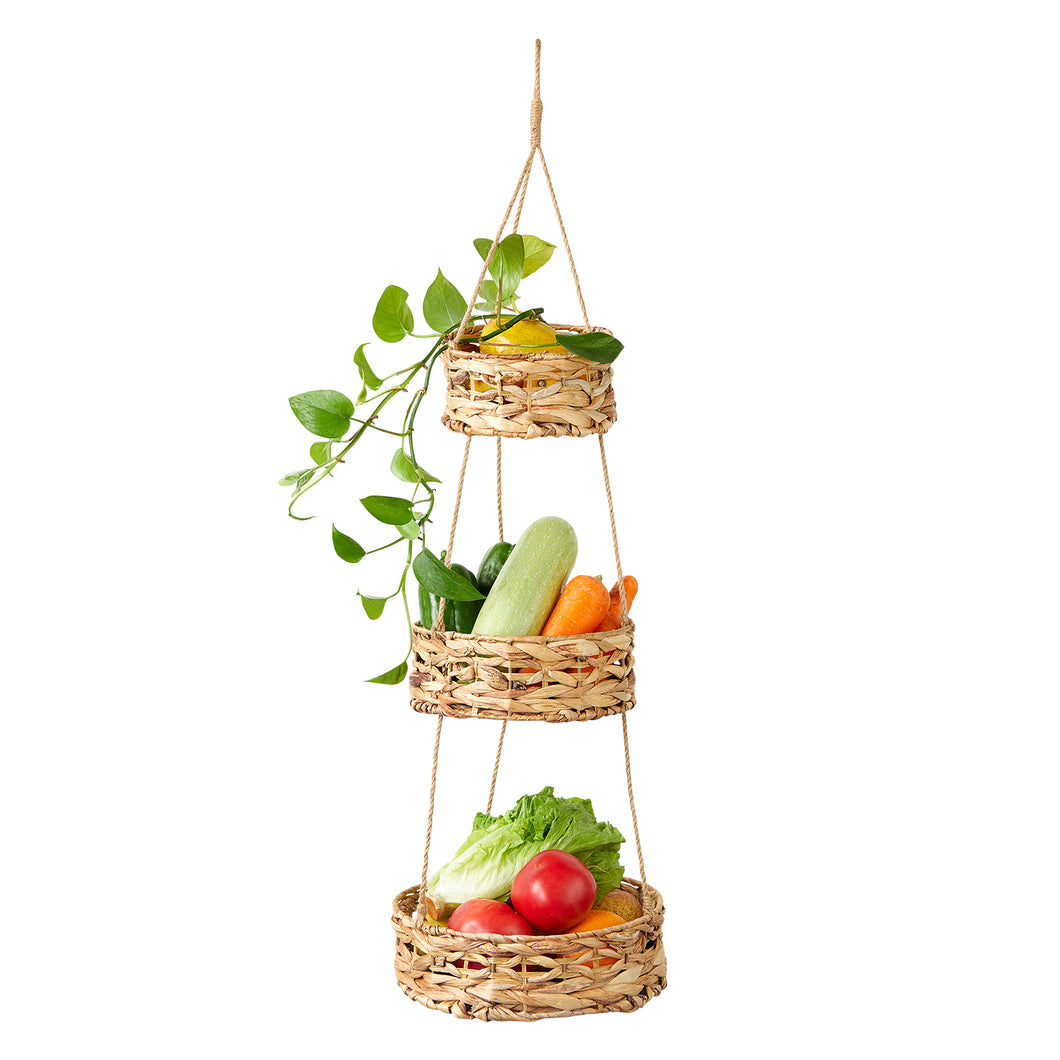 JIRTEMOT 3 Tier Fruit Hanging Basket Boho Kitchen Storage Vegetable Countertop Organizer, Hyacinth Seagrass