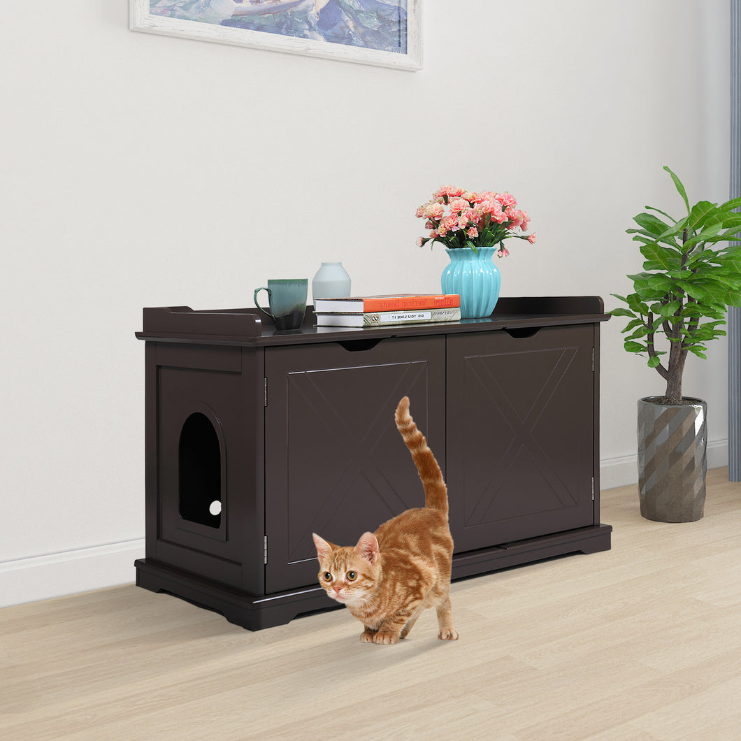 JIRTEMOT Wooden Indoor Cat Litter Box Enclosure Cabinet, Storage Bench for Living Room, Brown