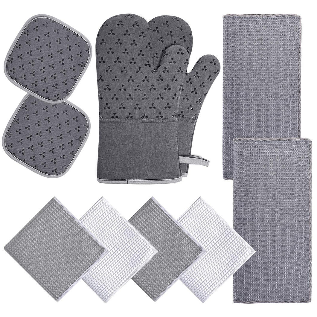 JIRTEMOT 10 Piece Set Oven Mitts and Pot Holders Kitchen Towel Set Set in Grey