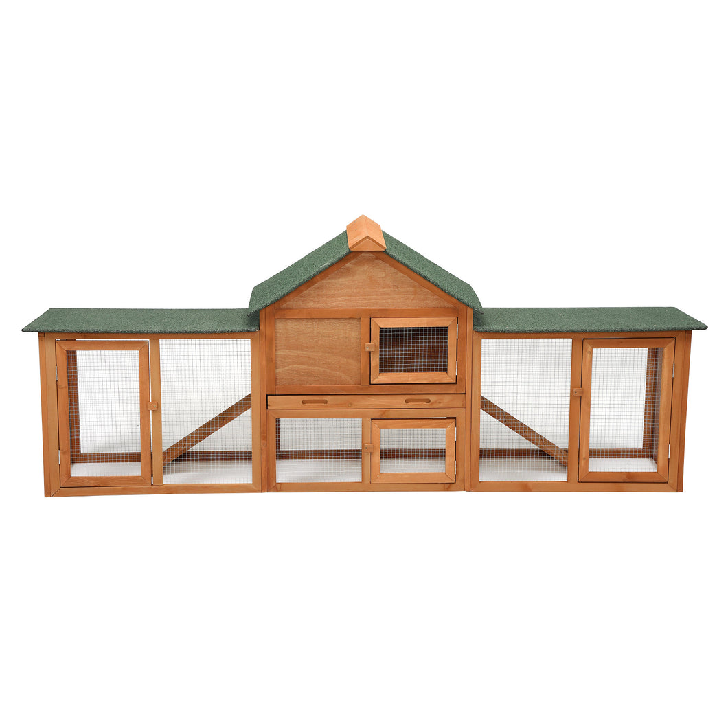 JIRTEMOT 83.9” x 33.6” 2-Tier Wood Rabbit Chicken Hutch with Run, Elevated Retreat, Ramp, Brown