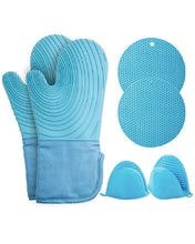 将图片加载到图库查看器，JIRTEMOT 6 PCS Set Silicone Oven Mitts and Pot Holders Sets Heat Resistant in Blue
