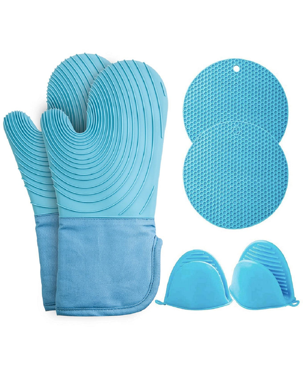 JIRTEMOT 6 PCS Set Silicone Oven Mitts and Pot Holders Sets Heat Resistant in Blue