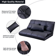 Cargar imagen en el visor de la galería, JIRTEMOT Foldable 2-Seat Floor Chair Sleeper 5-Position Sofa Bed Adjustable with 2 Pillows PU Leather Top, Black
