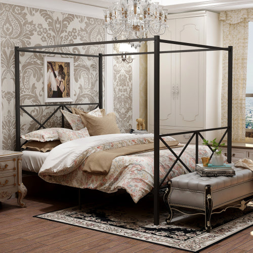 4-Post Metal Canopy Bed with Headboard and Footboard, Classic Vintage Full Size Metal Bed with Sturdy Bed Frame in Black