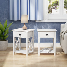 将图片加载到图库查看器，JIRTEMOT Set of 2 x-Shaped Wood End Table with 1 Drawer, 2-Tier Storage Shelf, Painted in White
