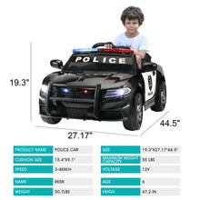 Cargar imagen en el visor de la galería, JIRTEMOT 12V Electric Ride on Police Car With Remote Control, MP3, Horn, USB, Car Keys, Black
