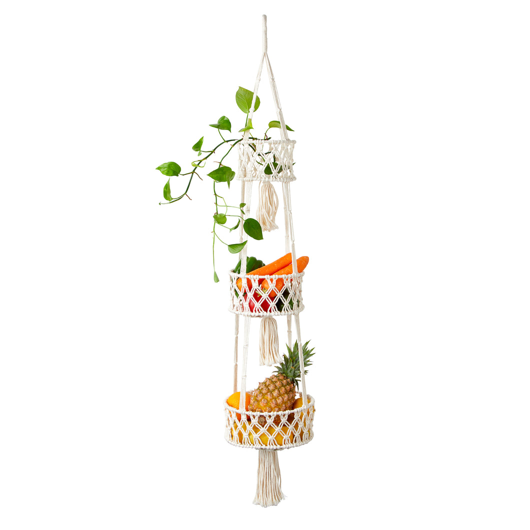 JIRTEMOT 3 Tier Cotton Macramé Hanging Fruit Basket for Kitchen Organizing in White