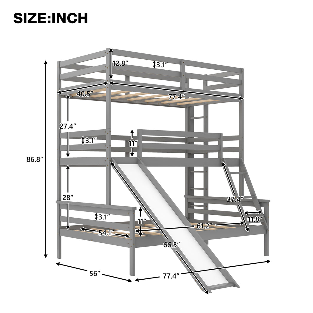 JIRTEMOT Twin over Solid Wood Triple Bunk Bed for Kids Teens Children for Bedroom with Slide and Ladders (Gray)