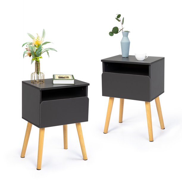 JIRTEMOT Set of 2 Wood Nightstand with 1 Drawer & 1 Open Shelf, Black