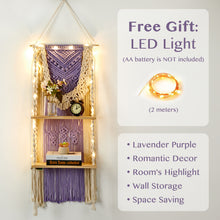 Cargar imagen en el visor de la galería, JIRTEMOT Macramé Wall Hanging Shelf 2 Tier Boho Floating Shelves with LED Light, Purple
